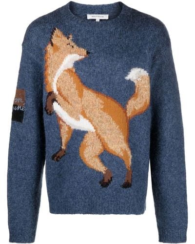 Maison Kitsuné Fow Intarsia Wool Crewneck Sweater - Blue
