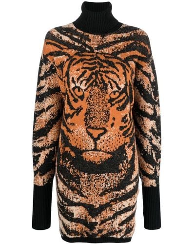 Roberto Cavalli Jacquard-Kleid mit Tiger - Orange