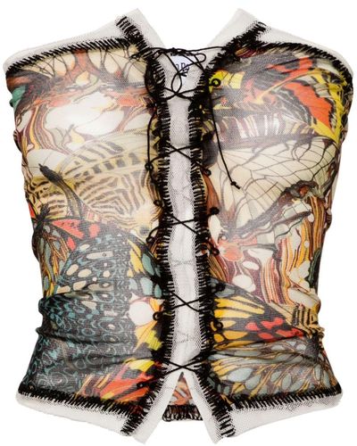 Jean Paul Gaultier Papillon-print Mesh Bustier Top - Black