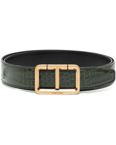Tom Ford Green T-plaque Leather Belt - Men's - Calf Leather - Black