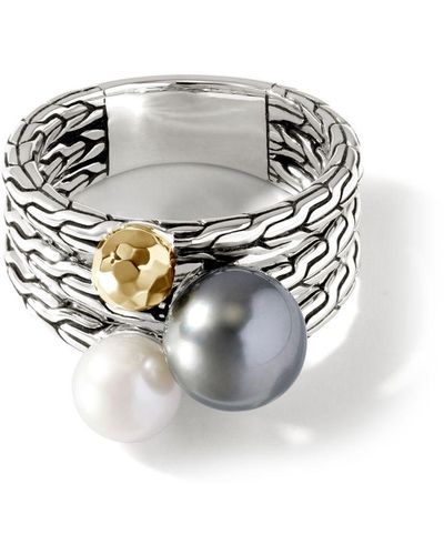 John Hardy 18kt Gold Carved Chain Freshwater Pearl And Tahitian Pearl Multi Row Ring - Grey
