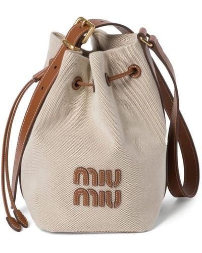 Miu Miu Logo-appliquéd Canvas Bucket Bag - Natural