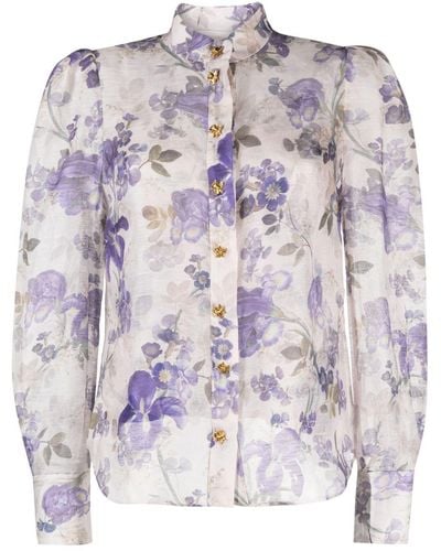 Zimmermann Blue Floral Print Shirt - Women's - Polyester/silk/linen/flax - Purple