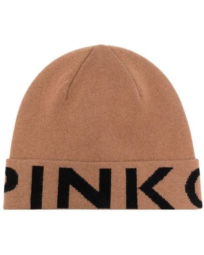 Pinko Logo-print Ribbed Beanie - Brown