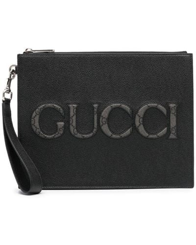 Gucci Pochette en cuir grainé à logo - Noir
