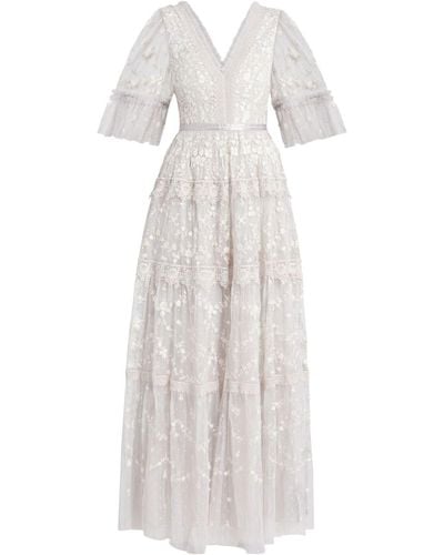 Needle & Thread Floral-embroidered V-neck Dress - White