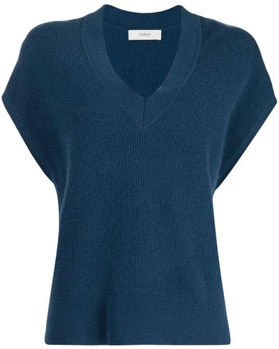 Pringle of Scotland Ribbed V-neck Knitted Top - Blue