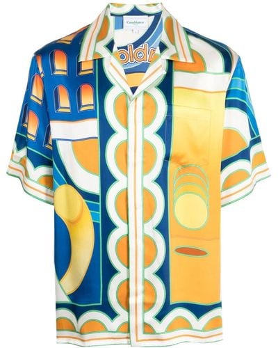 Casablancabrand Graphic-print Silk Short-sleeve Shirt - Blue