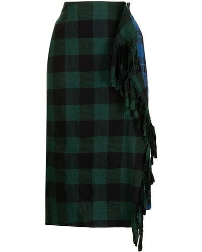 Pushbutton Asymmetric Patchwork-tartan Midi-skirt - Green