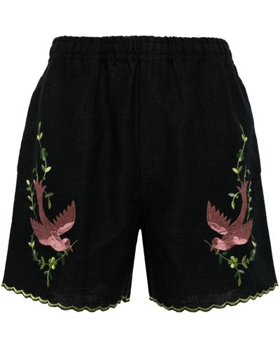Bode Embroidered-design Linen Shorts - Black