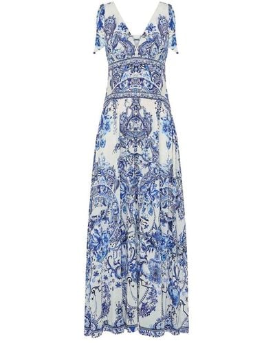 Camilla Graphic-print Flared Dress - Blue