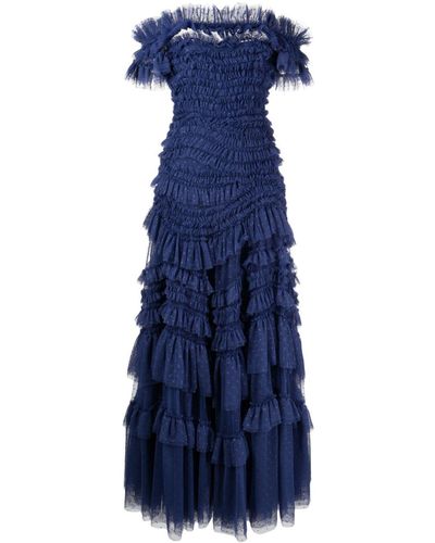 Needle & Thread Robe longue volantée à épaules dénudées - Bleu