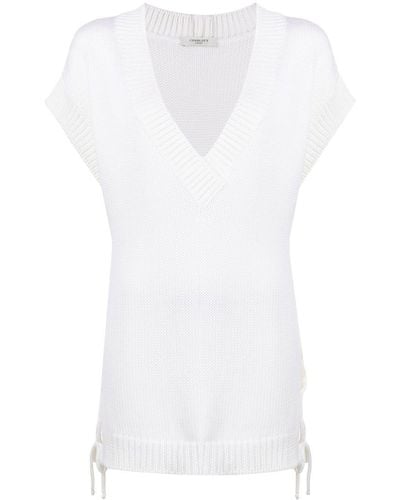 Charlott Ribbed-knit V-neck Top - White