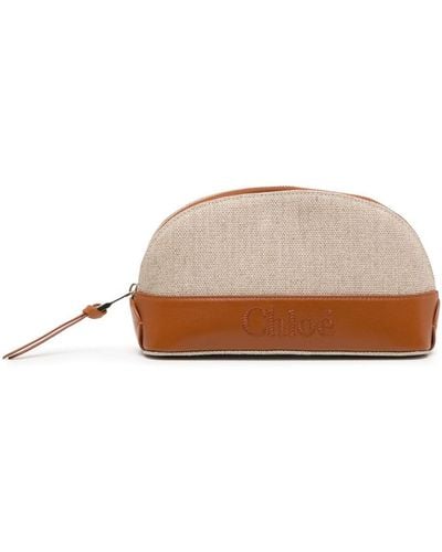 Chloé Leather-trim Linen Pouch - Brown