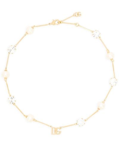 Dolce & Gabbana Logo-plaque Crystal-embellished Necklace - White