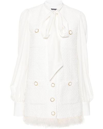 Balmain Feather-trim Tweed Mini Dress - White