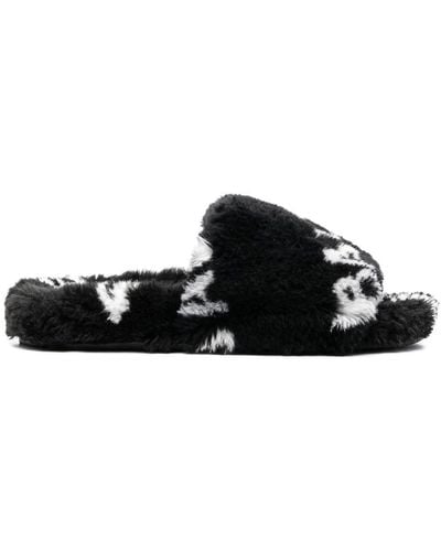 Balenciaga Furry Logo-print Slides - Black