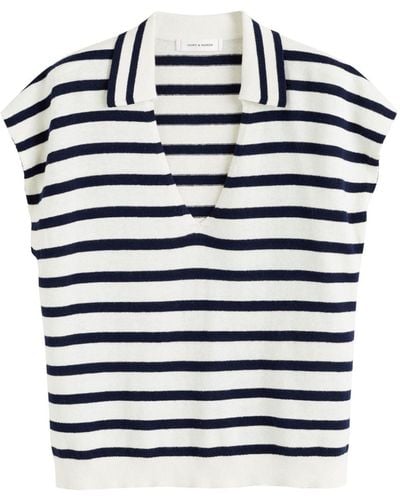 Chinti & Parker Striped Knitted Polo Top - Blue