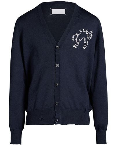 Maison Margiela Wool Cardigan With Embroidered Cat - Blue