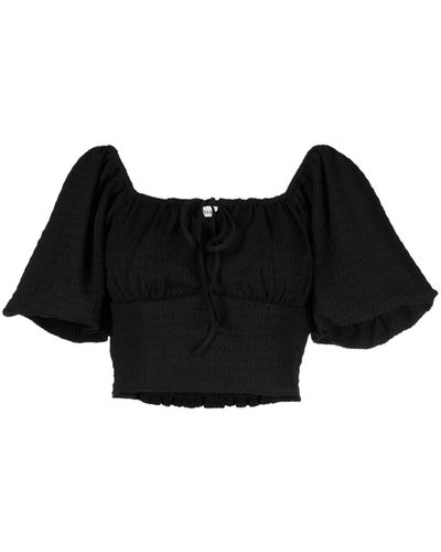 B+ AB Tie-fastening Short Puff-sleeve Blouse - Black