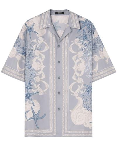 Versace Seidenhemd mit grafischem Print - Blau