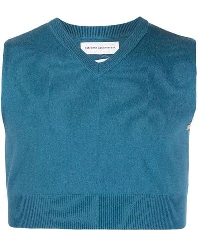 Extreme Cashmere V-neck Fine-knit Cropped Vest - Blue