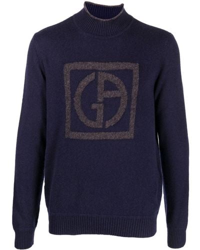 Giorgio Armani Embossed Logo Mock-neck Sweater - Blue