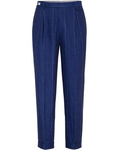 Brunello Cucinelli Tapered-leg Striped Linen Pants - Blue