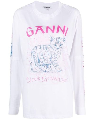 Ganni Cat-print Organic Cotton T-shirt - White