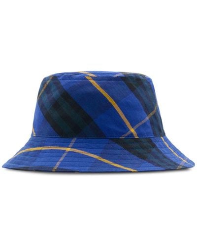 Burberry Checked Cotton Bucket Hat - Blue