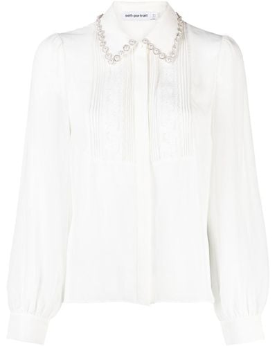 Self-Portrait Pearl-embellished Embroidered Blouse - White