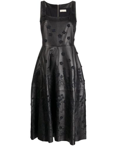 Elie Saab Floral-appliqué Leather Midi Dress - Black