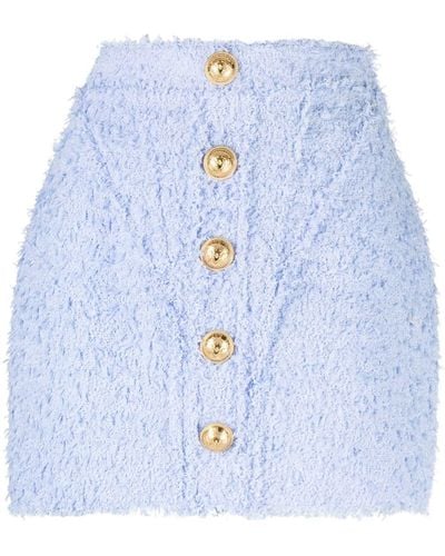 Balmain Button-embellished Tweed Miniskirt - Blue