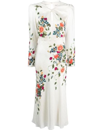 Saloni Claudia Kleid aus Seide mit Blumen-Print - Weiß