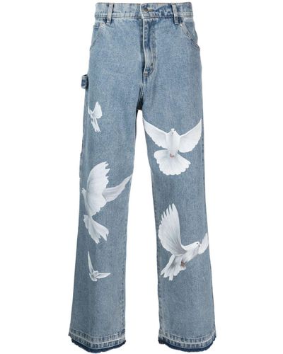 3.PARADIS Bird-print Cotton Jeans - Blue