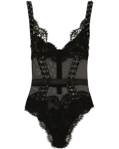 Dolce & Gabbana Body con encaje floral y cuello en V - Negro