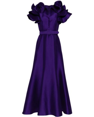 Badgley Mischka Mikado Ruffle-sleeve Belted Gown - Purple