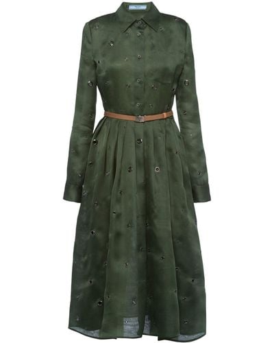 Prada Eyelet-detail Silk Organza Midi Dress - Green
