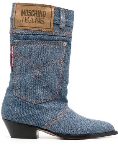 Moschino Jeans 45mm Logo-patch Denim Boots - Blue