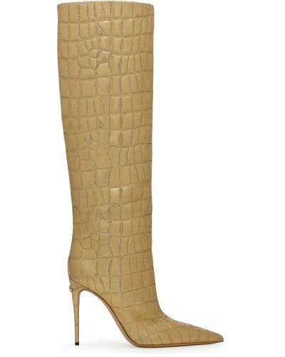 Dolce & Gabbana Metallic Croc-effect Knee Boots - White