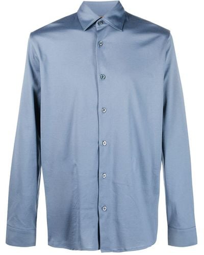 Moorer Long-sleeve Satin Cotton Shirt - Blue