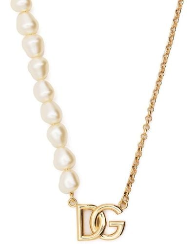 Dolce & Gabbana Logo-pendant Pearl-chain Necklace - Metallic