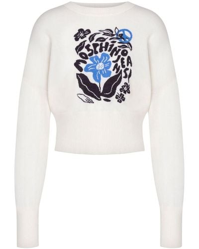 Moschino Jeans Pull en laine à fleurs en intarsia - Blanc