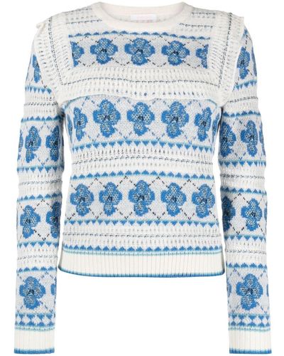 See By Chloé Floral-pattern Ruffle-trim Sweater - Blue