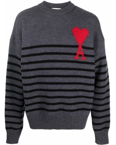 Ami Paris Ami De Coeur Striped Sweater - Gray