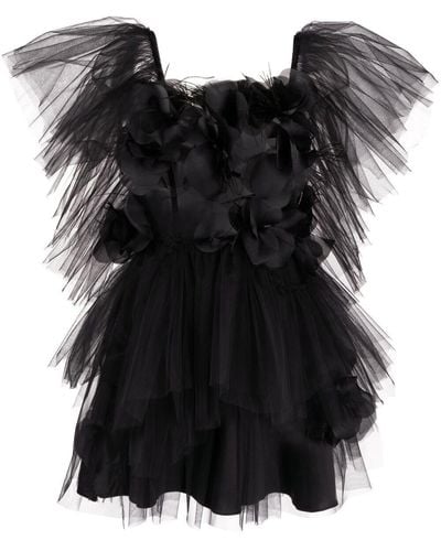 Loulou Floral Appliqué Tulle Minidress - Black