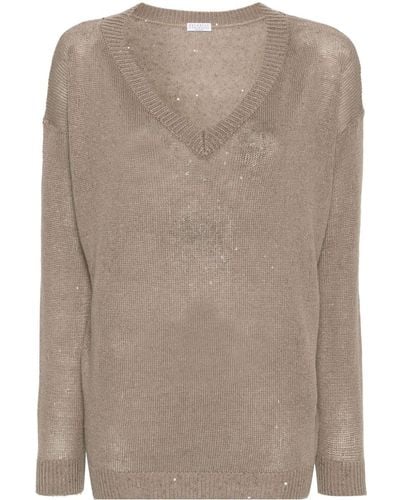 Brunello Cucinelli Sequin-embellished Knitted Sweater - Brown