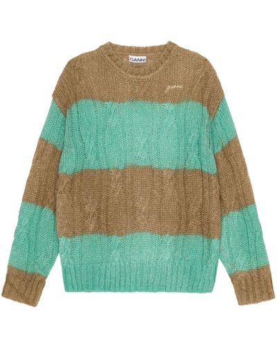 Ganni Striped Cable-knit Jumper - Green