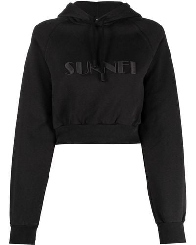 Sunnei Cropped Logo-print Cotton Hoodie - Black
