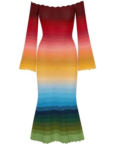 Oscar de la Renta Rainbow-ombre Crochet-knit Dress - Red